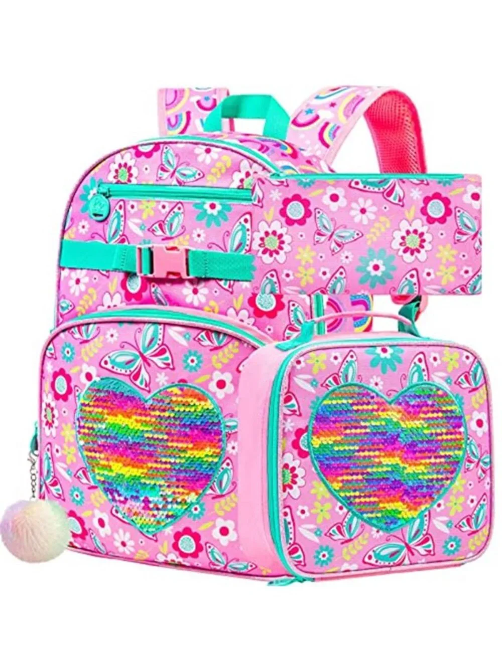 3PCS Girls Backpack Sequins Butterfly Bookbag with Lunch Box, 16